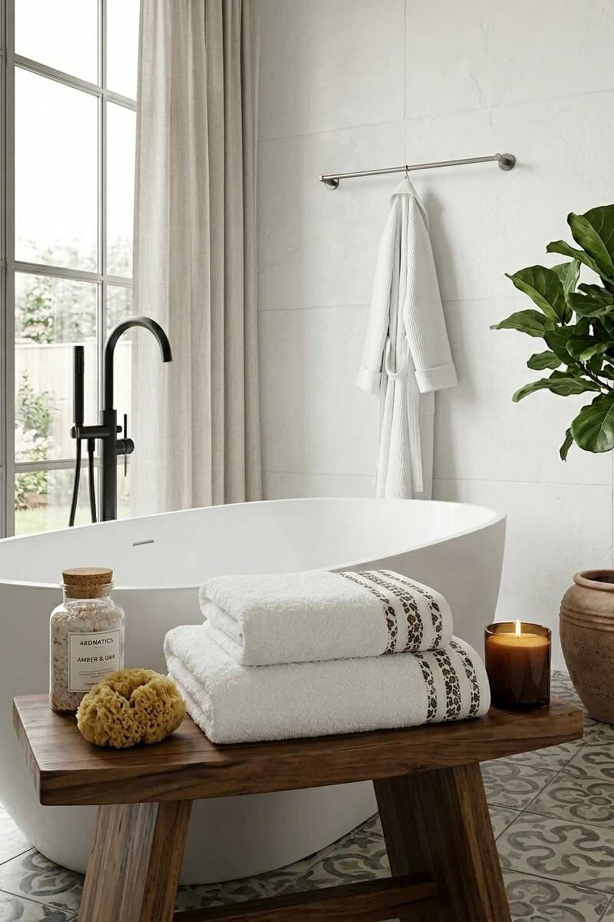 2 Parça Banyo Havlu Seti %100 Pamuk 70x140+50x90 Cm Savana Beyaz