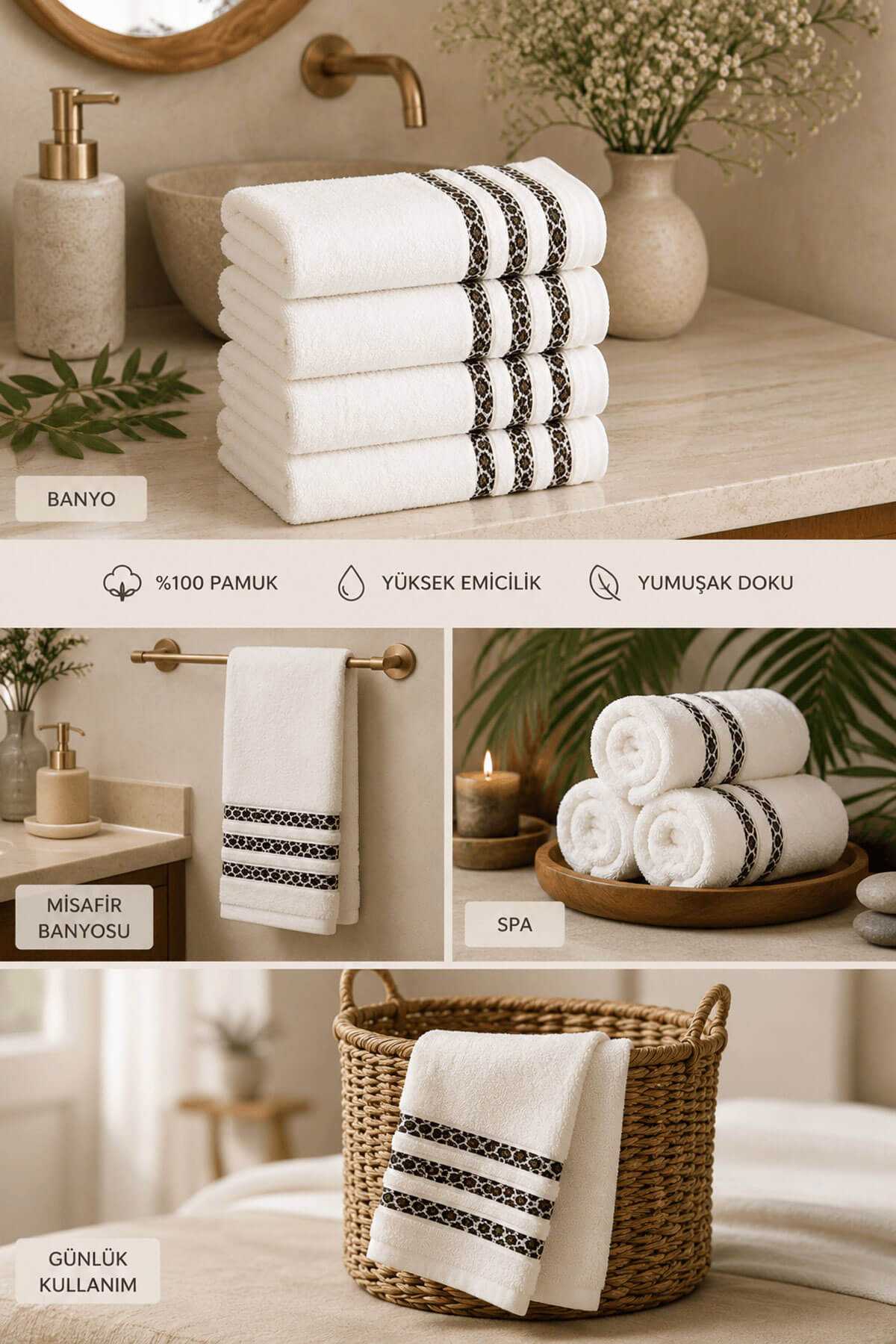 4lü El Yüz Havlusu %100 Pamuk 50x90 cm Savana Beyaz
