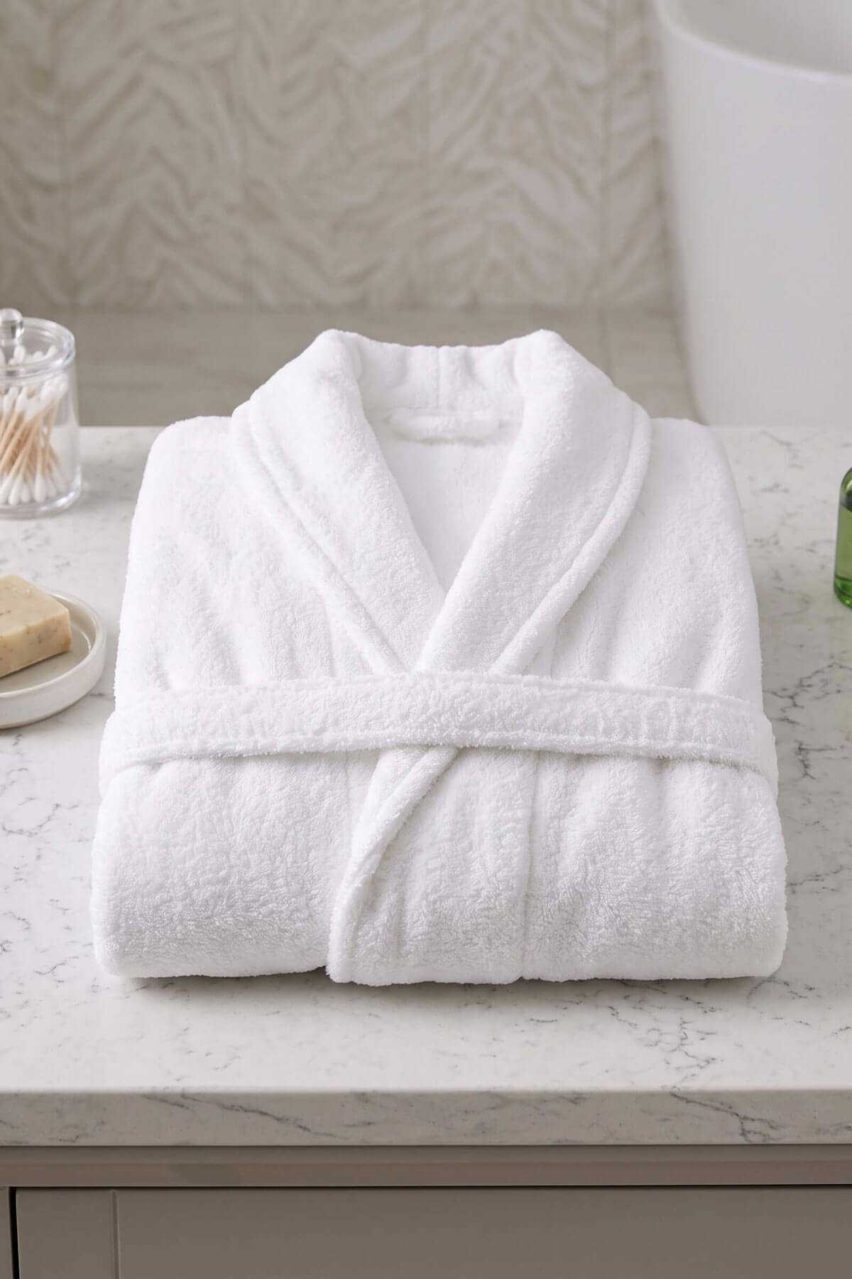 Unisex Şal Yaka Banyo Bornozu %100 Pamuk Beyaz Yetişkin Kadın Erkek