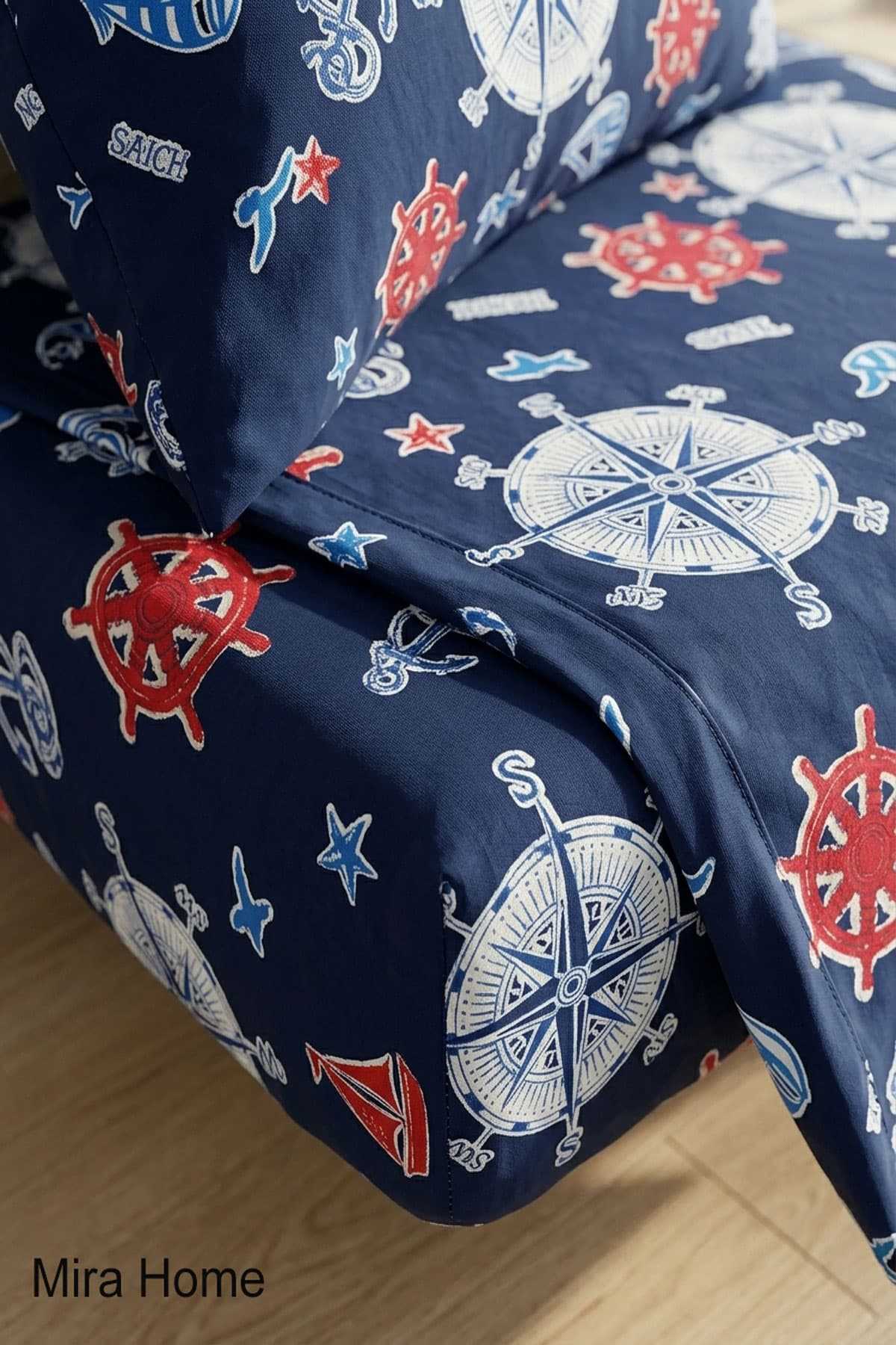 Deniz Temalı Çapa Desenli Pamuklu Lastikli Çarşaflı Tek Kişilik Nevresim Takımı 100x200 Cm