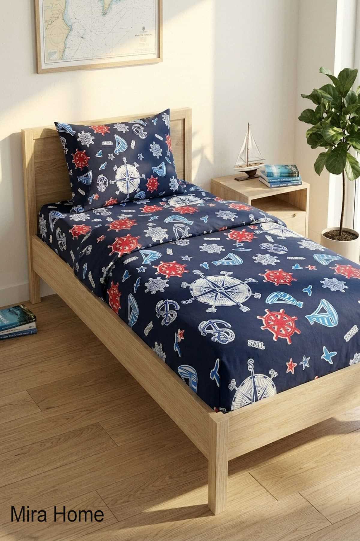 Deniz Temalı Çapa Desenli Pamuklu Lastikli Çarşaflı Tek Kişilik Nevresim Takımı 100x200 Cm