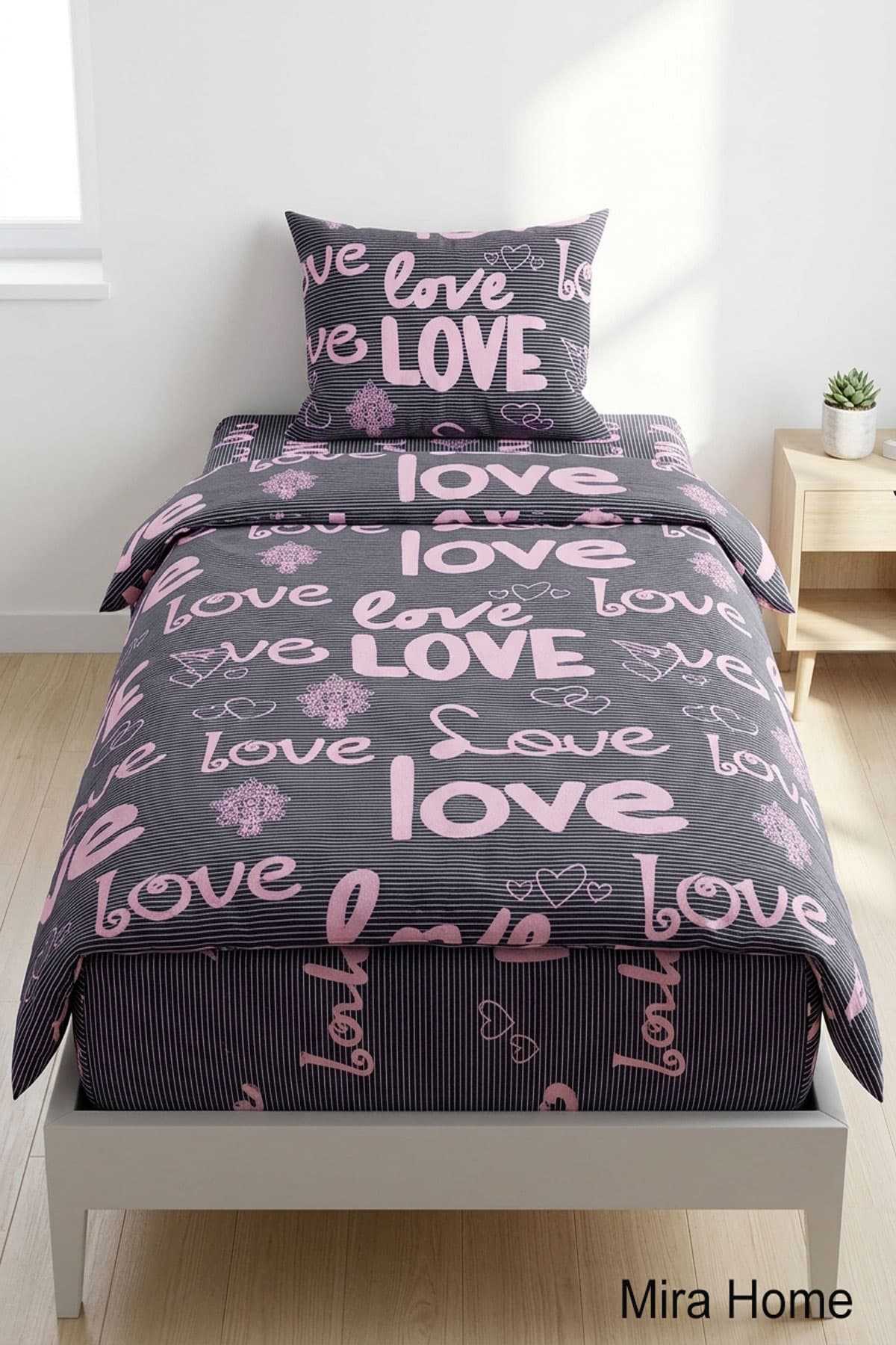 Love Yazılı Pamuklu Lastikli Çarşaflı Tek Kişilik Nevresim Takımı (100x200 Cm)