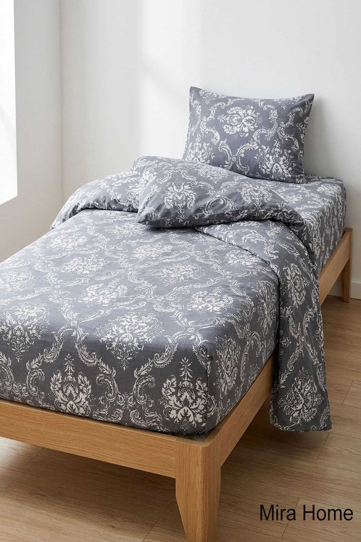 Vintage Desen Pamuklu Lastikli Çarşaflı Tek Kişilik Nevresim Takımı Gri 100x200 Cm