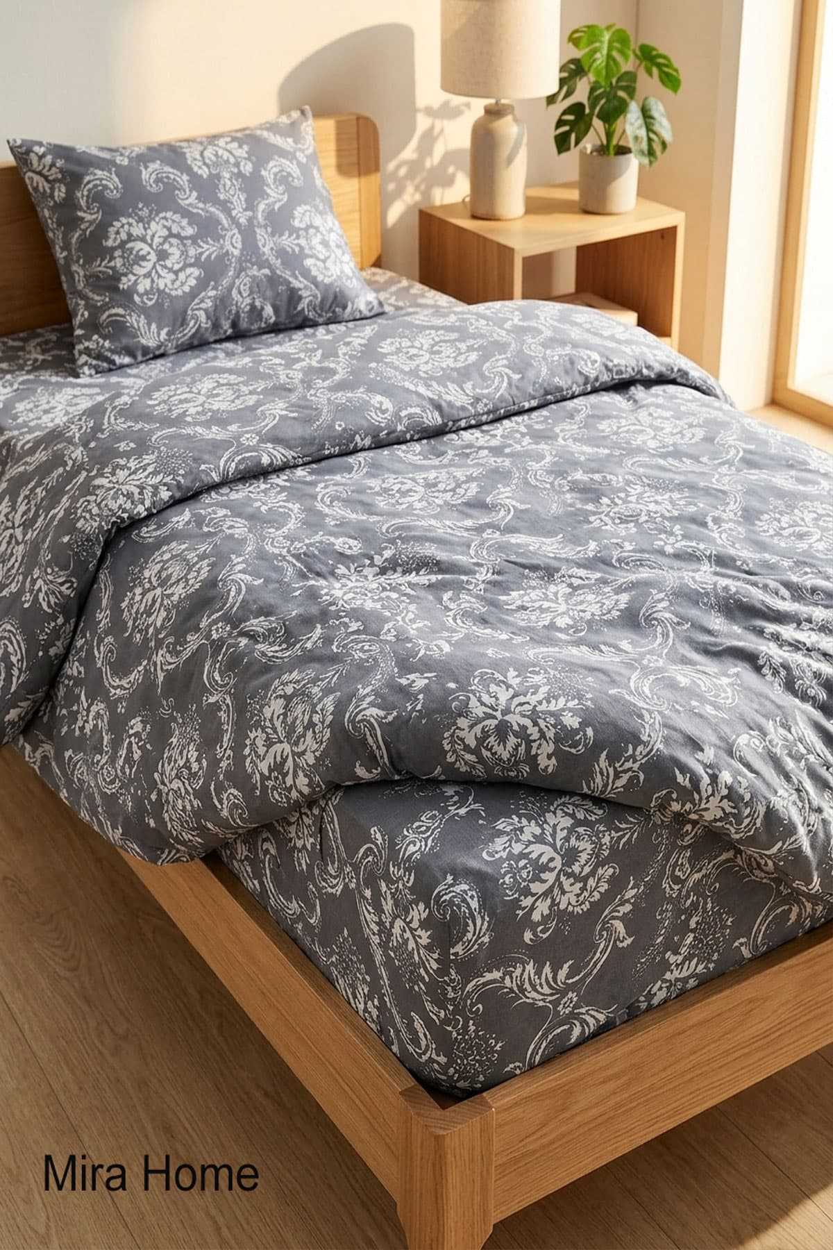Vintage Desen Pamuklu Lastikli Çarşaflı Tek Kişilik Nevresim Takımı  Gri 100x200 Cm