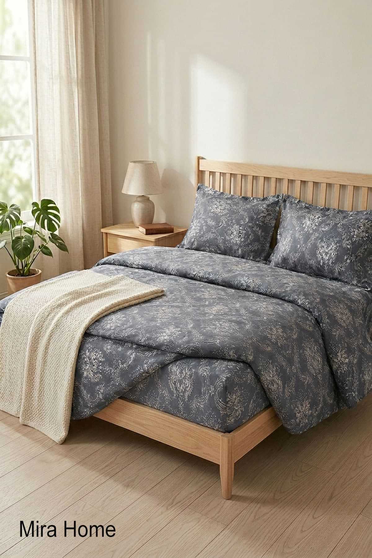 Vintage Desen Pamuklu Lastikli Çarşaflı Çift Kişilik Nevresim Takımı Gri 180x200 Cm