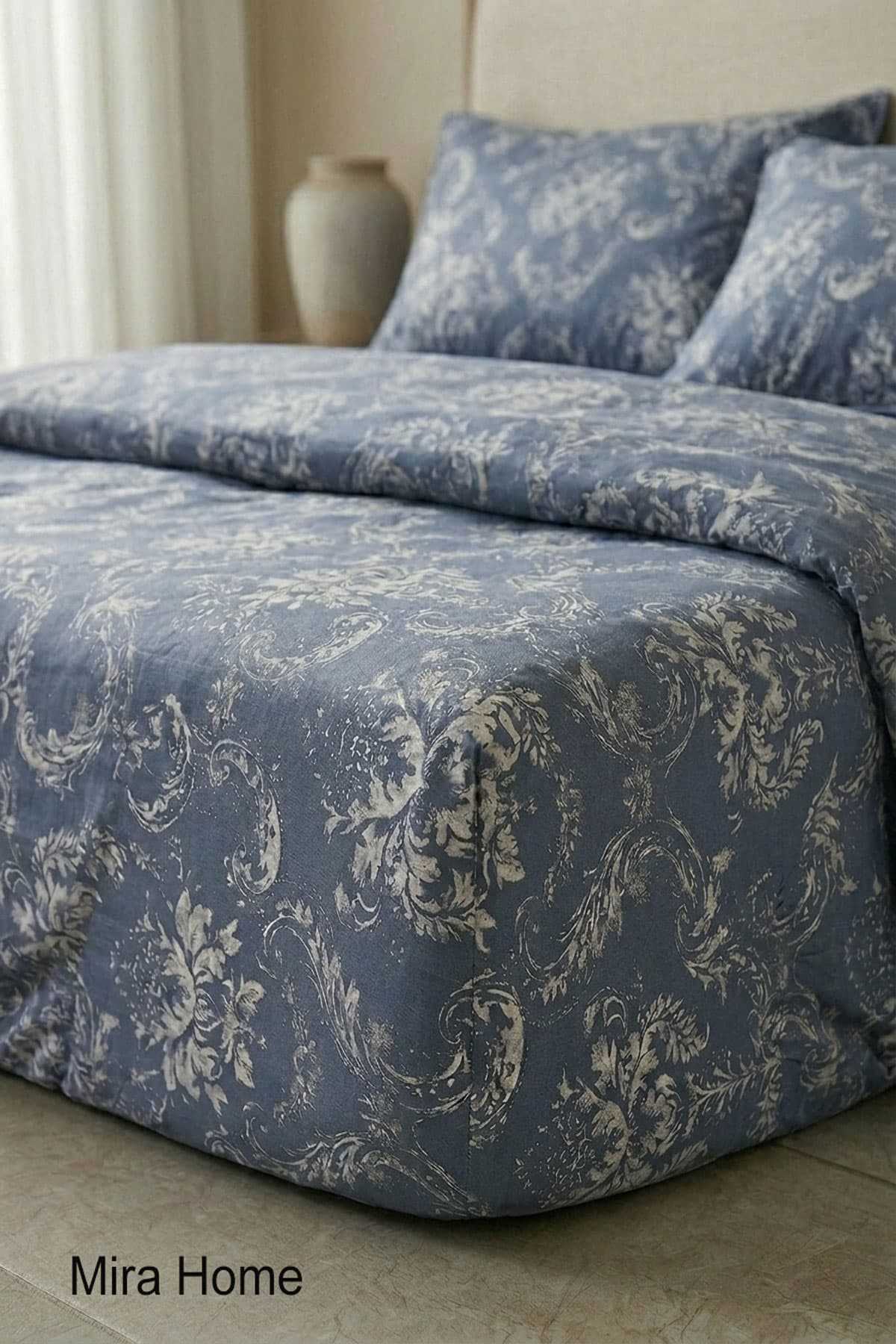 Vintage Desen Pamuklu Lastikli Çarşaflı Tek Kişilik Nevresim Takımı Mavi 100x200 Cm