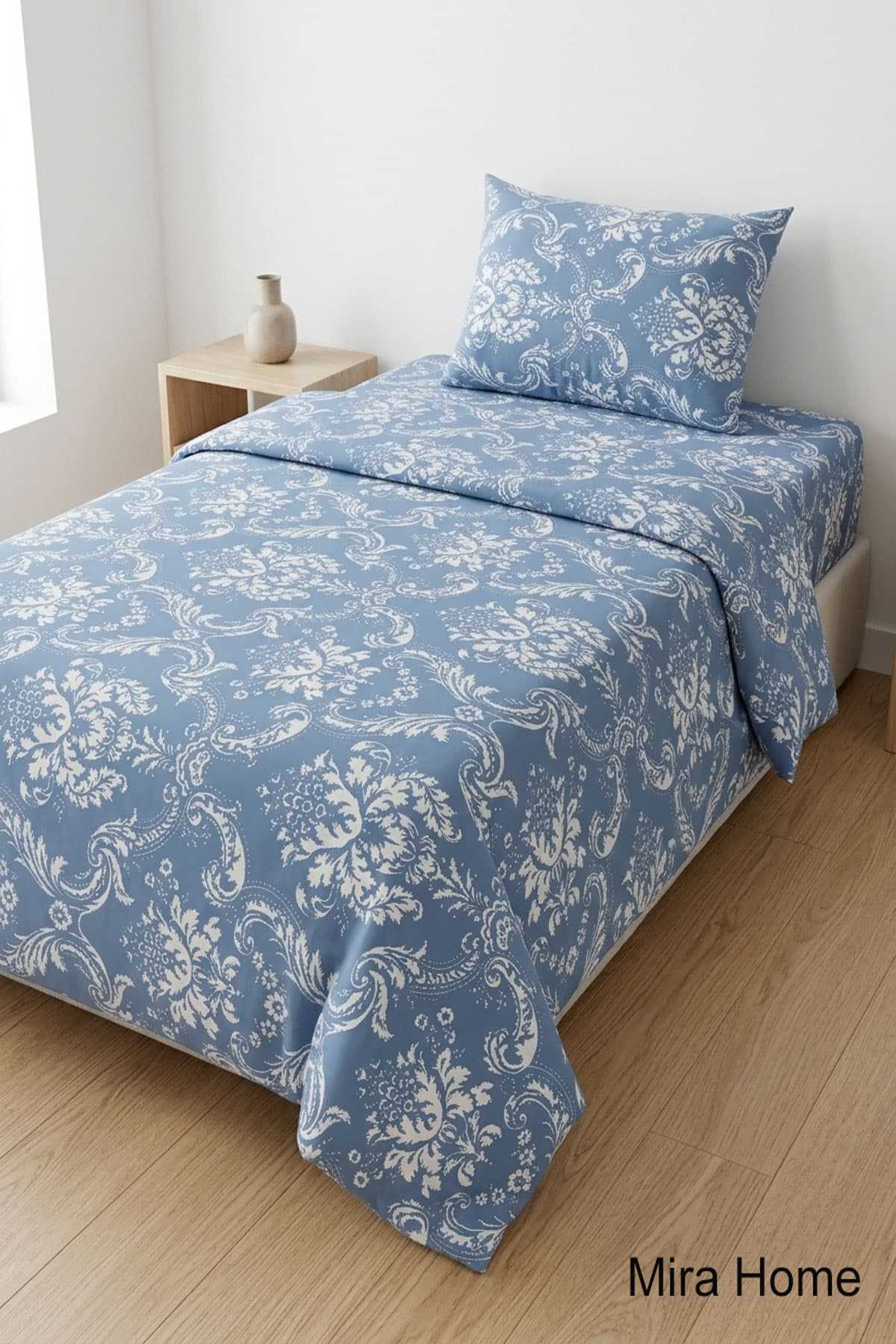 Vintage Desen Pamuklu Lastikli Çarşaflı Tek Kişilik Nevresim Takımı Mavi 100x200 Cm