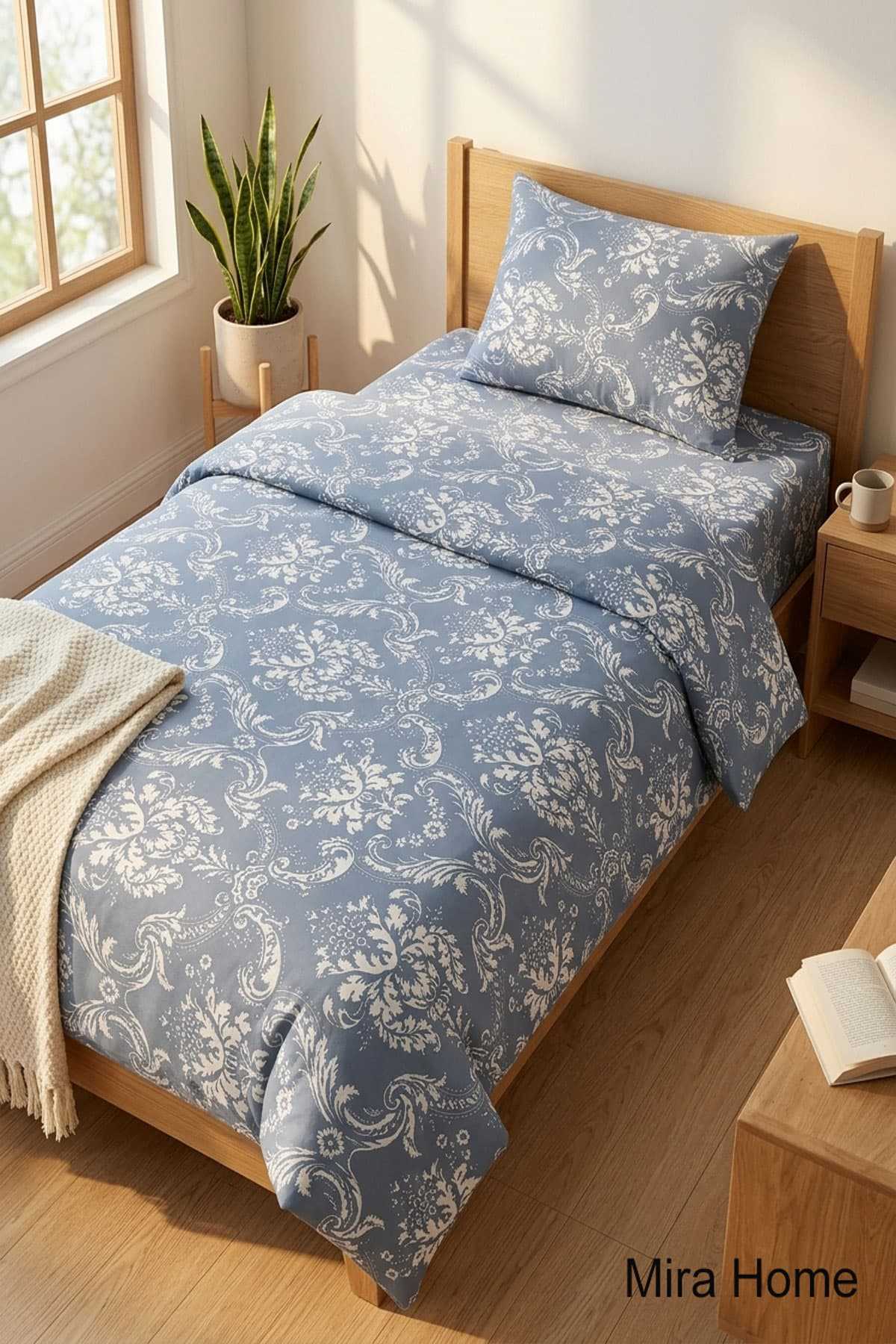 Vintage Desen Pamuklu Lastikli Çarşaflı Tek Kişilik Nevresim Takımı Mavi 100x200 Cm