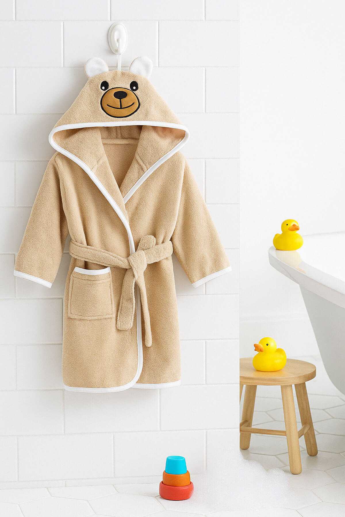 Kapşonlu Unisex %100 Pamuklu Çocuk Banyo Bornozu Bear Kapşonlu Unisex %100 Pamuklu Çocuk Banyo Bornozu Bear
