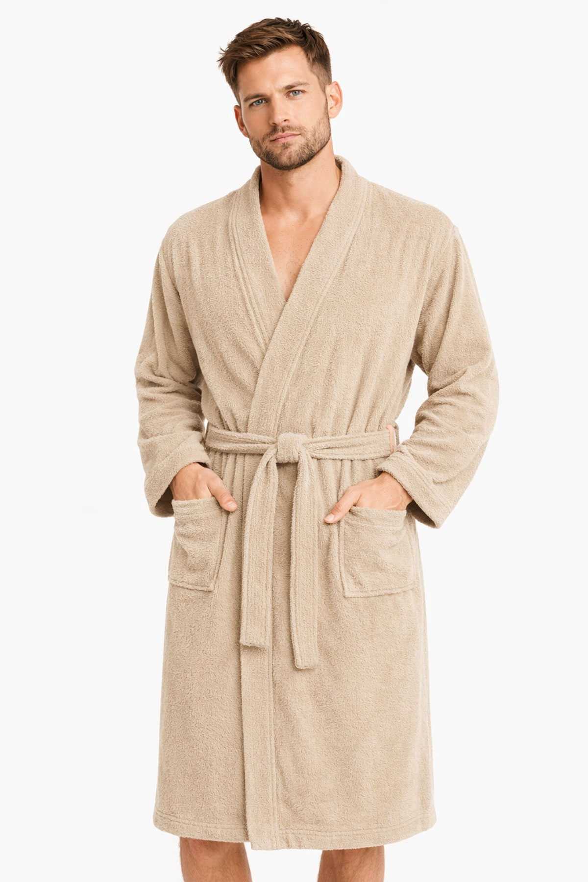 Kimono Yaka Unisex Pamuklu Tek Kişilik Bornoz Bej