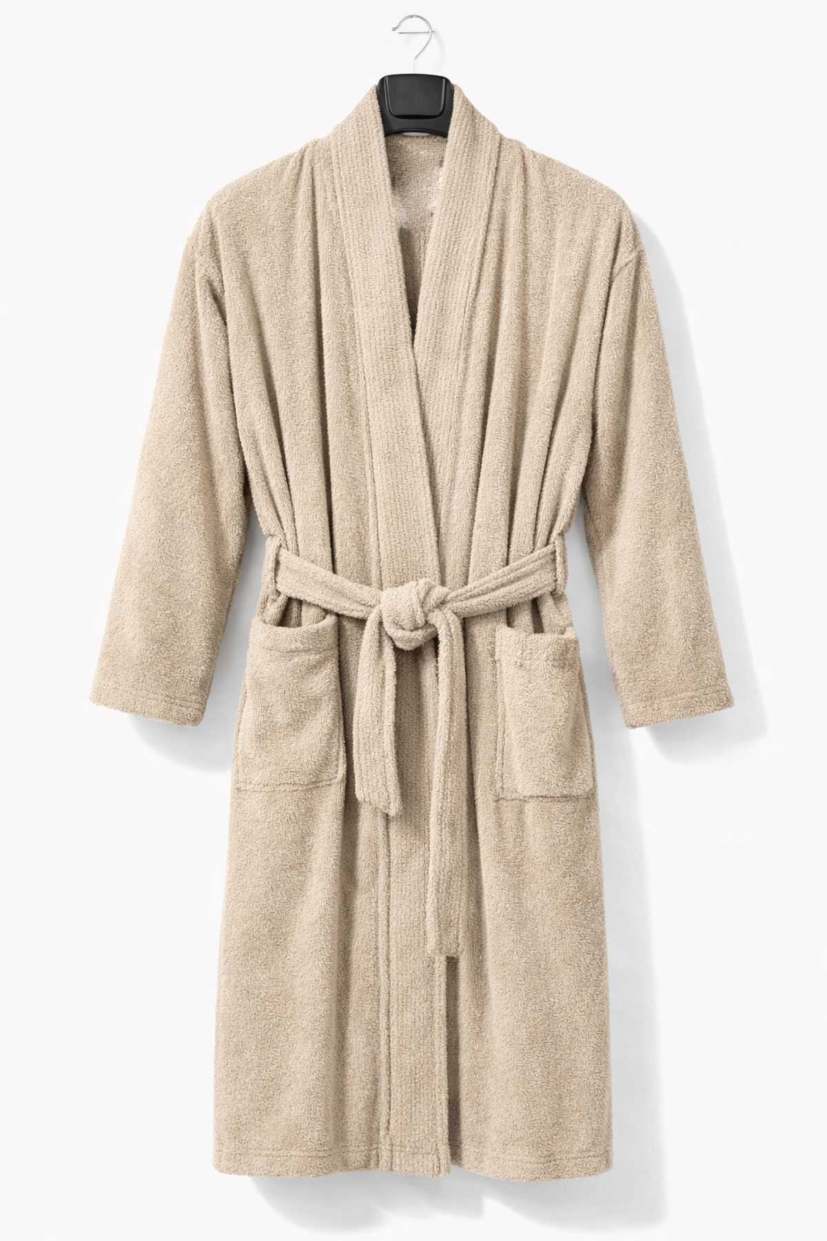 Kimono Yaka Unisex Pamuklu Tek Kişilik Bornoz Bej