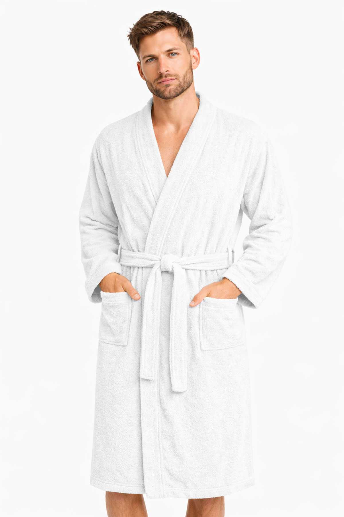 Kimono Yaka Unisex Pamuklu Tek Kişilik Bornoz Beyaz