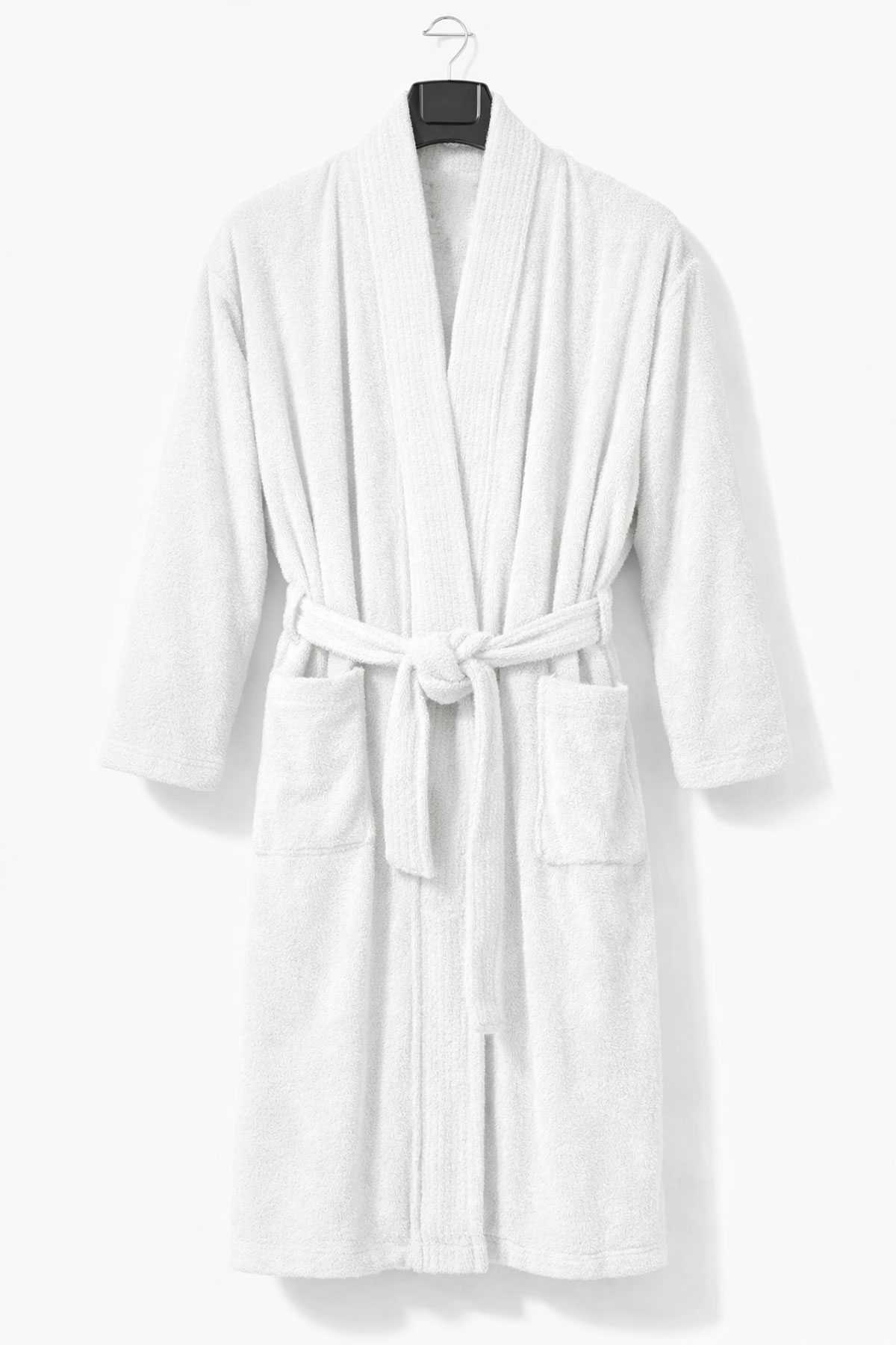 Kimono Yaka Unisex Pamuklu Tek Kişilik Bornoz Beyaz