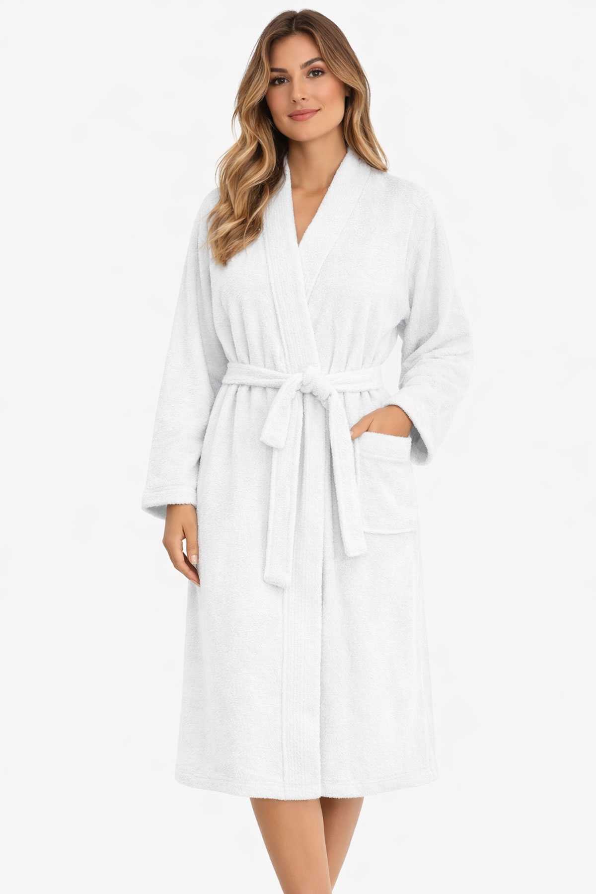 Kimono Yaka Unisex Pamuklu Tek Kişilik Bornoz Beyaz Kimono Yaka Unisex Pamuklu Tek Kişilik Bornoz Beyaz