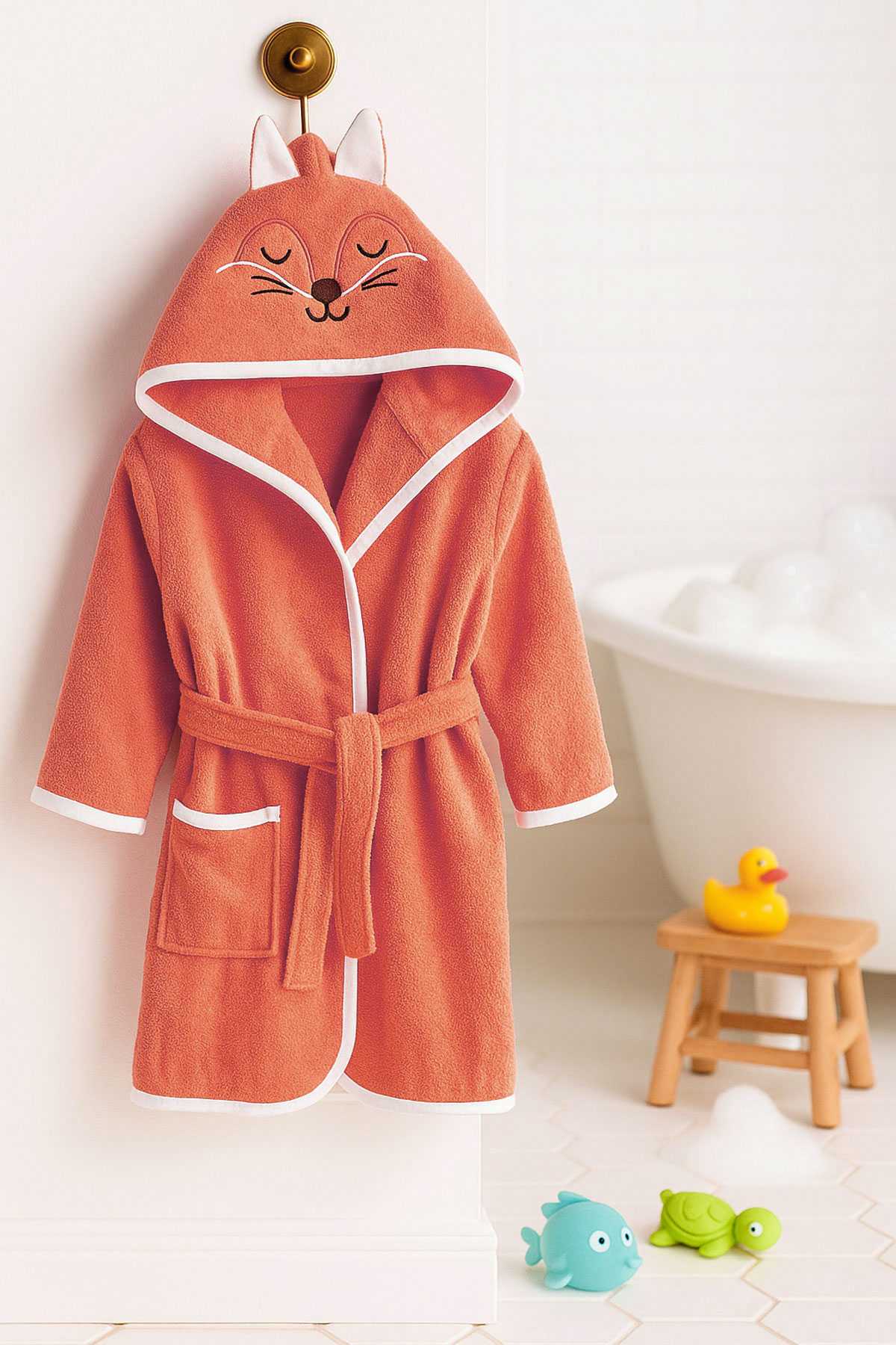 Kapşonlu Unisex %100 Pamuklu Çocuk Banyo Bornozu Fox Kapşonlu Unisex %100 Pamuklu Çocuk Banyo Bornozu Fox