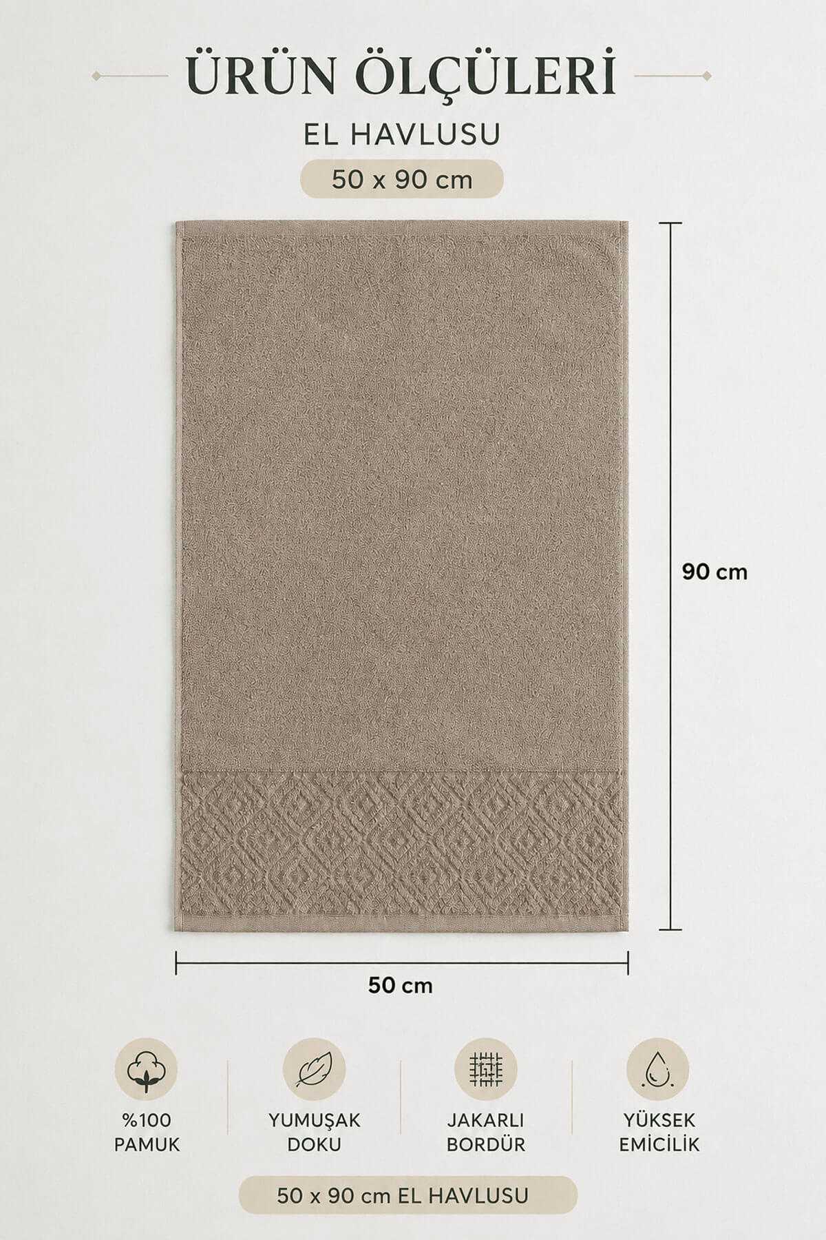 El Yüz Havlusu 50x90 cm %100 Pamuk Kısmi Kadife  Quadro Kahve
