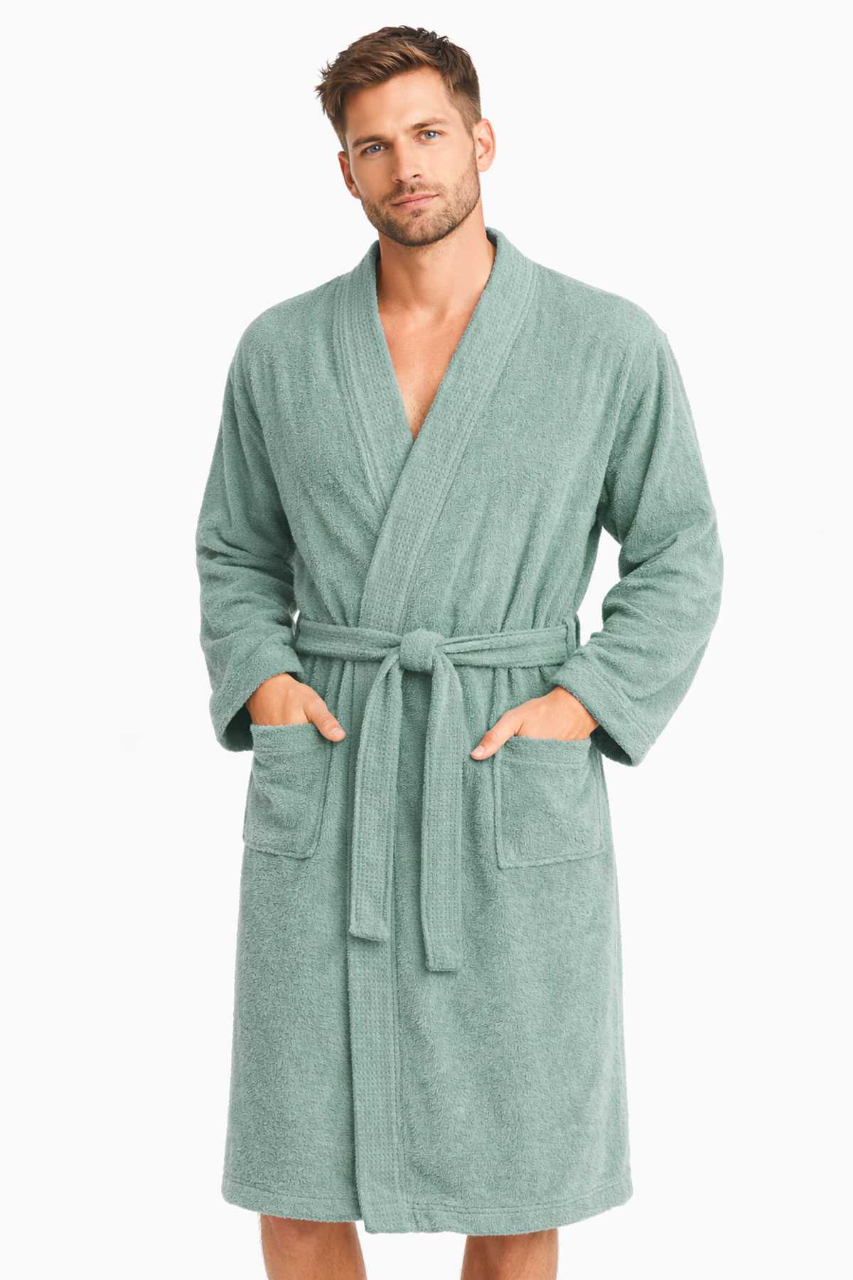 Kimono Yaka Unisex Pamuklu Tek Kişilik Bornoz  Yeşil